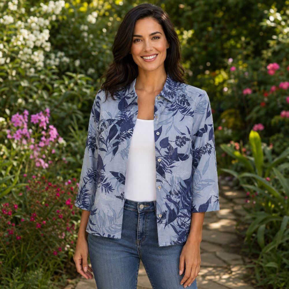 AKS Amy K Su Sport Tencel Linen Tropical Shacket Top Size Small Blue